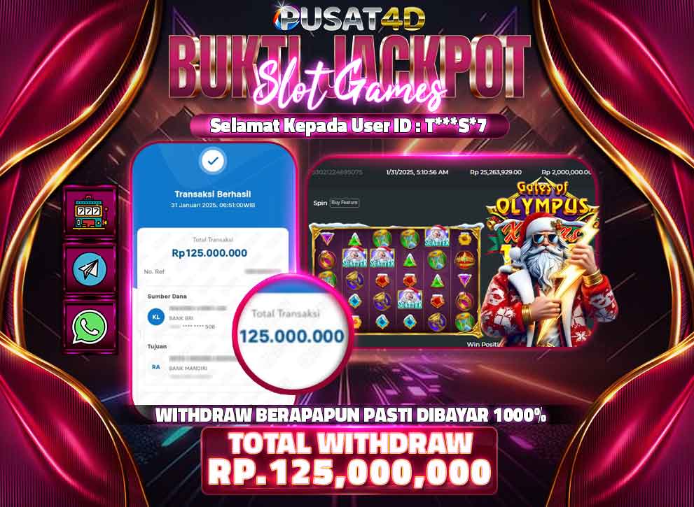 PUSAT4D : BUKTI RESMI PEMBAYARAN KEMENANGAN SLOT GAMES : GATES OF OLYMPUS XMAS 1000 Rp.125,000,000 – LUNAS 31 JANUARI 2025